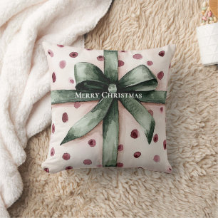Cojín Decorativo Navidades puntos rosados Cinta verde y reverso
