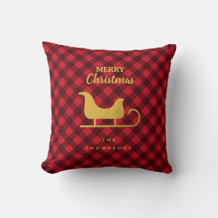 Cojín Decorativo Navidades Red & Black Buffalo Plaid Santa Sleigh