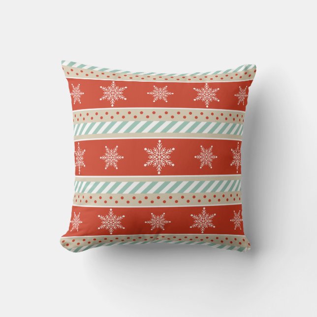 Cojín Decorativo Navidades Red Mint Stripes Snowflakes Pattern (Anverso)