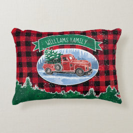 Cojín Decorativo Navidades Red Vintage Truck Buffalo Plaid Add Name