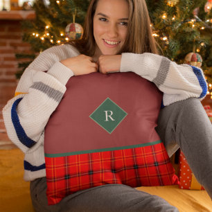Cojín Decorativo Navidades Red y Green Plaid Tartán Monogrammed
