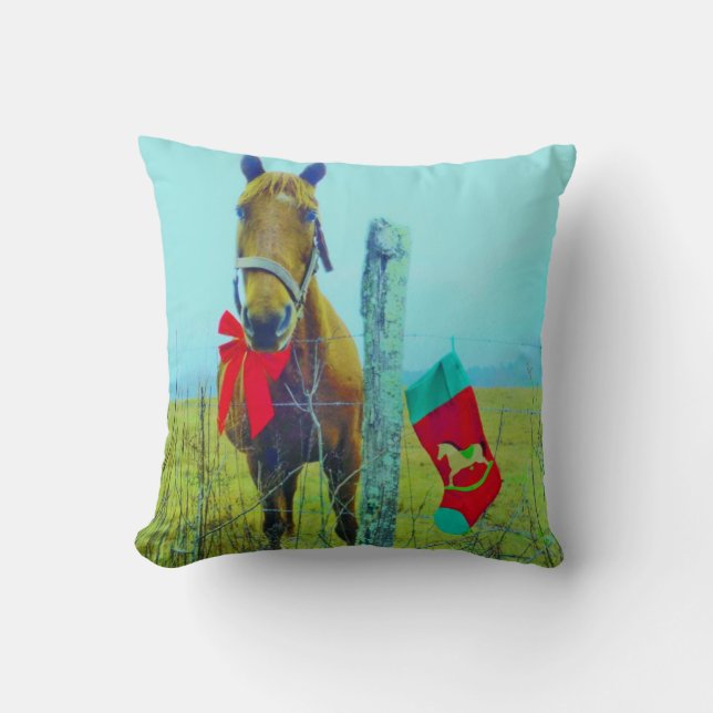 Cojín Decorativo Navidades retro Caballo con paro y arco rojo (Anverso)