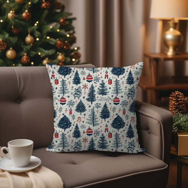 Cojín Decorativo Navidades rojos blancos y azules en casa (Scandinavian Nordic Christmas Woodland Pattern Throw Pillow – Red, White, and Blue Pattern)