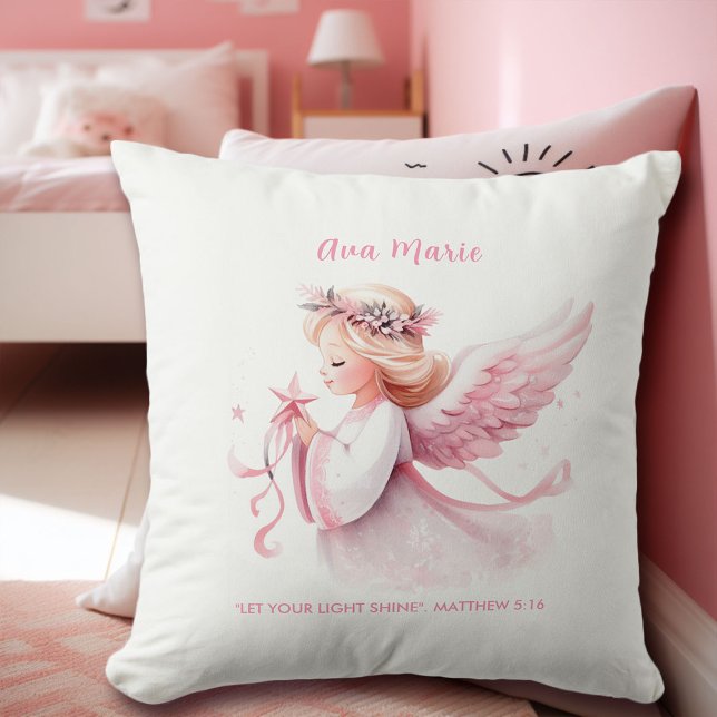 Cojín Decorativo Navidades rosados Angel Biblia Verse Nombre Nurser (pink christmas angel throw pillow personalized name bible verse baby shower gift granddaughter)