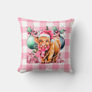 Cojín Decorativo Navidades rosados Highland Cow Feliz Navidad