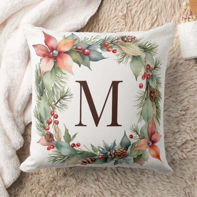 Cojín Decorativo Navidades rusos Monograma Holly Poinsettia Wreath (Manta)