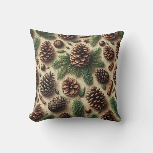 Cojín Decorativo Navidades Rústicos de Pinecone y Burlap (Anverso)