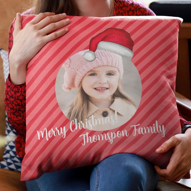 Cojín Decorativo Navidades singulares bandas rojas Santa Photo (Cute Merry Christmas Santa Hat Photo Pillow)