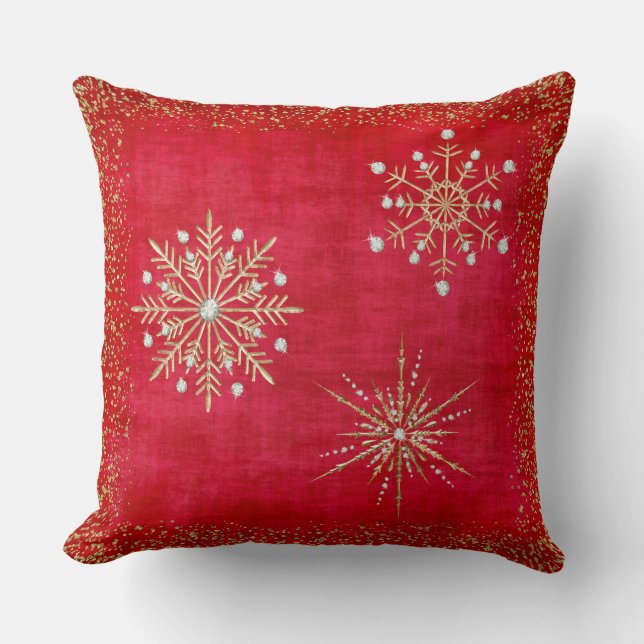 Cojín Decorativo Navidades Snowflakes Red & Gold Purpurina (Anverso)