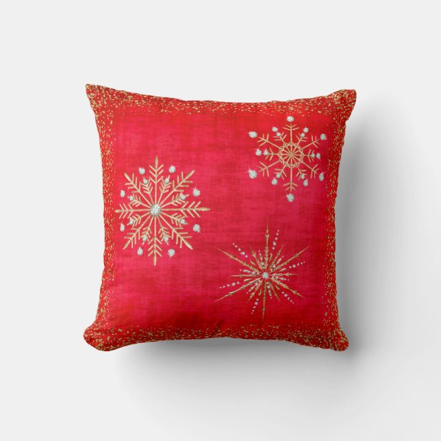 Cojín Decorativo Navidades Snowflakes Red & Gold Purpurina (Anverso)