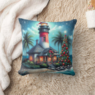 Cojín Decorativo Navidades tropicales caprichosos faro rojo Verde a
