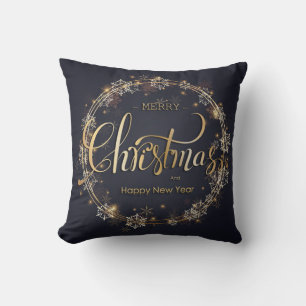 Cojín Decorativo Navidades Typografía dorada Copos de nieve blancos