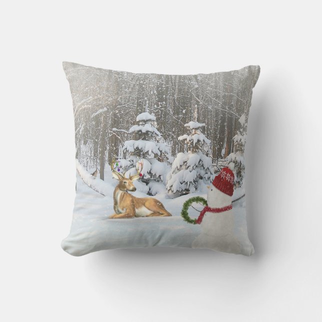 Cojín Decorativo Navidades venados y muñecos de nieve con copos de  (Anverso)