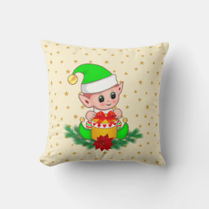 Cojín Decorativo Navidades verdes elfo, pino y estrellas de marfil