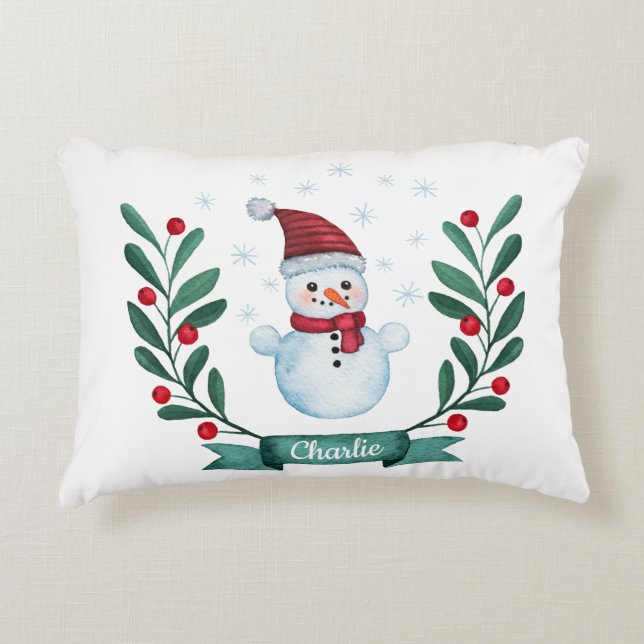 Cojín Decorativo Navidades Watercolor Snowman Personalizado (Anverso)