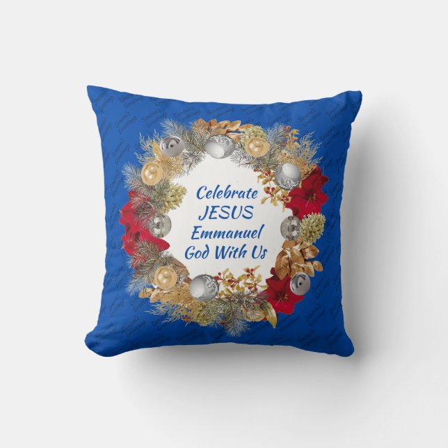 Cojín Decorativo Navidades Wreath CELEBRATE JESUS Cobalt Blue (Anverso)