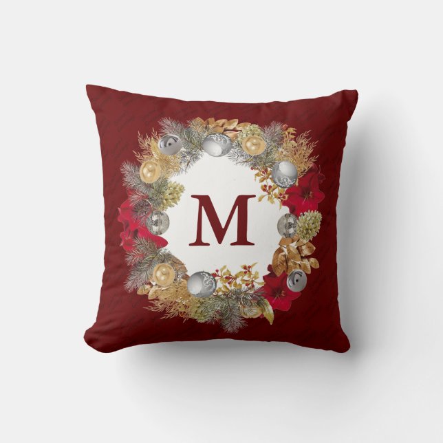 Cojín Decorativo Navidades Wreath MONOGRAM Burgundy (Anverso)