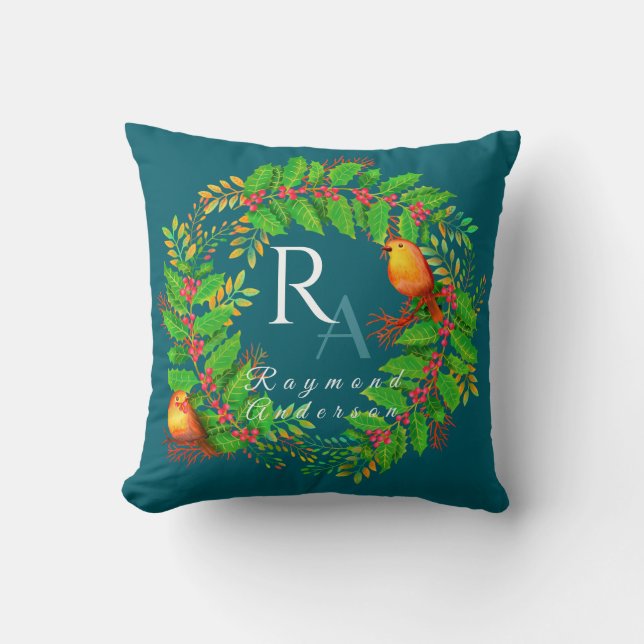 Cojín Decorativo Navidades Wreath Monogram Ocean Blue (Anverso)