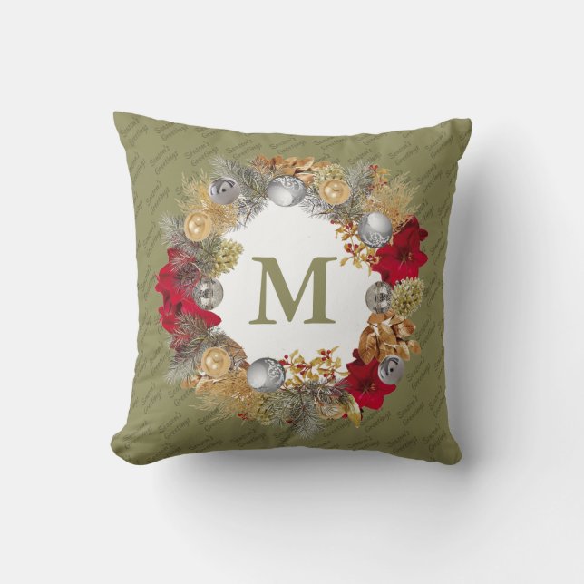 Cojín Decorativo Navidades Wreath MONOGRAM Olive Green (Anverso)