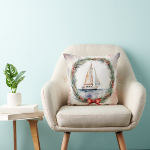 Cojín Decorativo Navidades Wreath Sailboat Watercolor