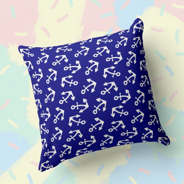 Cojín Decorativo Navy Blue And White Anchors Nautical Large Cotton (Navy blue and white anchor pillow.)