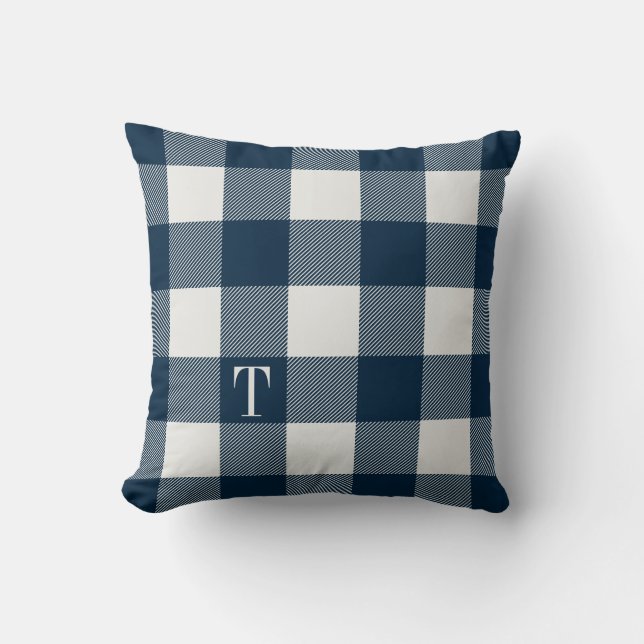 Cojín Decorativo Navy Blue Gingham Plaid Monogrammed (Anverso)