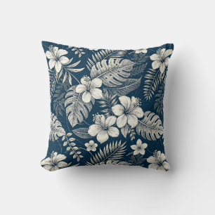Cojín Decorativo Navy Blue Hibiscus Monstera Tropical Botanical