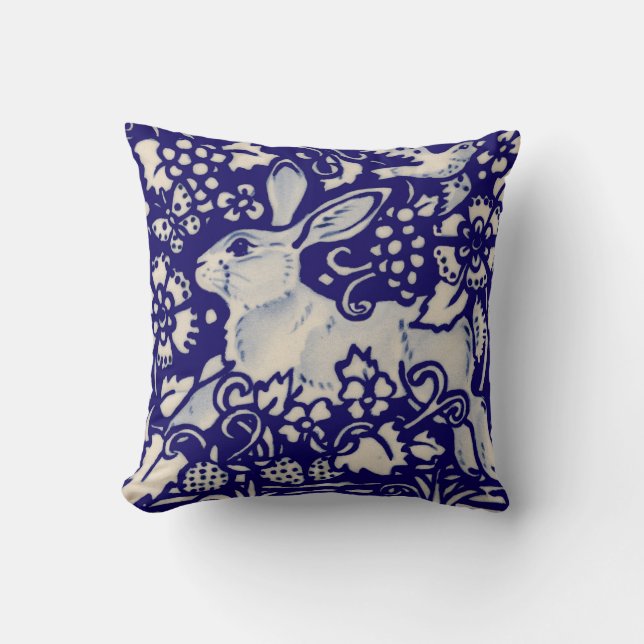 Cojín Decorativo Navy Blue White Rabbit Hare Bird Chinoiserie Art (Anverso)