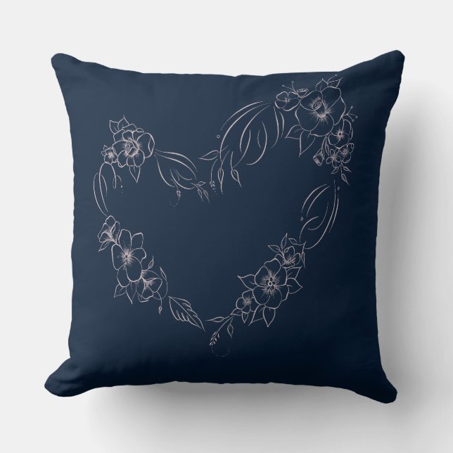 Cojín Decorativo Navy+blush Floral Heart Pillow (Anverso)