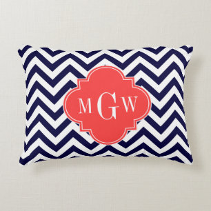 Cojín Decorativo Navy Lg Chevron Coral Rojo Cuatrefoil 3 Monograma
