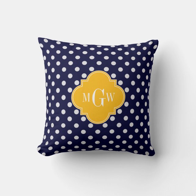 Cojín Decorativo Navy Polka Dot Goldenrod Quatrefoil 3 Monograma (Anverso)