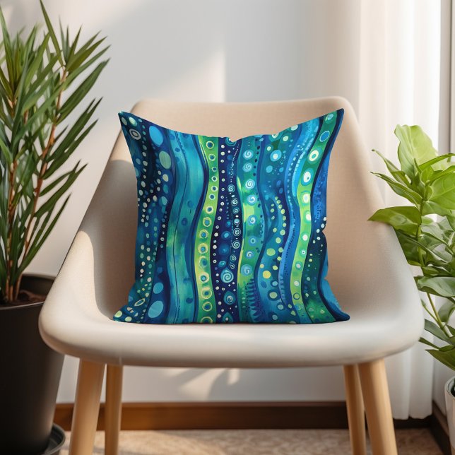Cojín Decorativo Navy Teal Lima Boho Ondulado Rayado (Navy Teal Lime Bohemian Wavy Striped Throw Pillow)