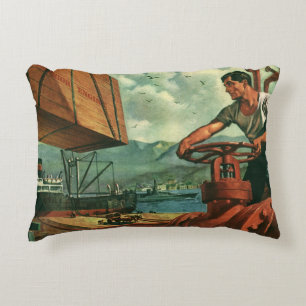 Cojín Decorativo Negocio vintage, barco petrolero con trabajador de