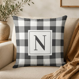 Cojín Decorativo Negrita Cuadrada Gingham Monograma Inicial en Negr