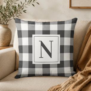 Cojín Decorativo Negrita Cuadrada Gingham Monograma Inicial en Negr