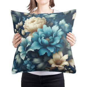 Cojín Decorativo Negrita en azul y delicados florales de crema