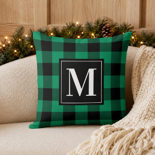 Cojín Decorativo Negrita Verde Plaid de Búfalo Negro Monograma Navi