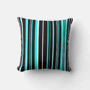 Cojín Decorativo Negro, azul aqua y franja de código de barras blan