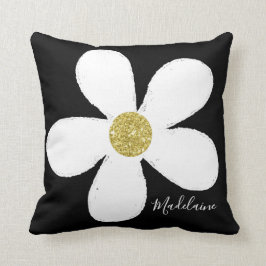 Cojín Decorativo Negro Blanco Personal Simple Daisy Pattern Gold