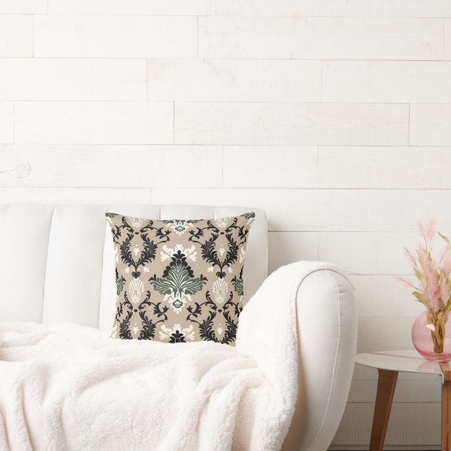 Cojín Decorativo Negro, blanco, verde estilo Damasco (Sofá)