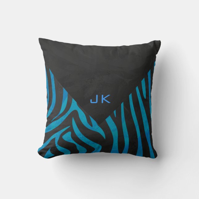 Cojín Decorativo Negro cebra y azul con monograma (Anverso)