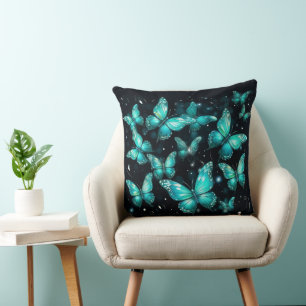 Cojín decorativo negro con mariposas Verde azulada