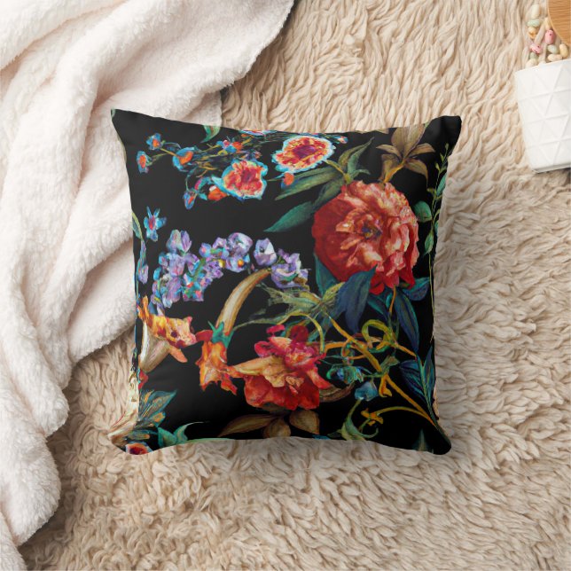 Cojín decorativo negro de arte floral de flores si (Manta)
