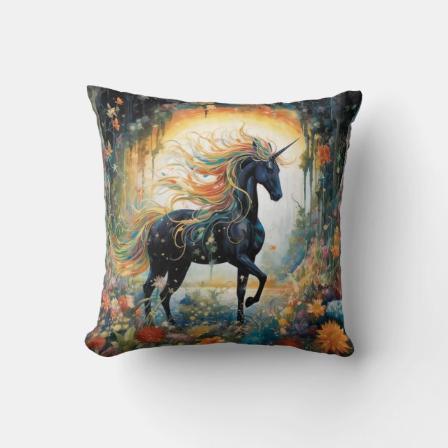 Cojín decorativo negro de unicornio arcoiris para  (Anverso)