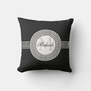 Cojín Decorativo Negro elegante   Monograma de clave griega blanca