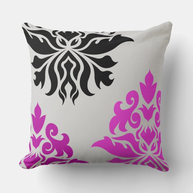 Cojín Decorativo Negro gris del montaje del damasco del ciruelo (Anverso)