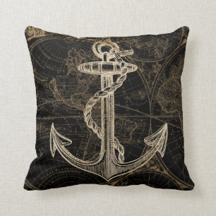 Cojín Decorativo Negro náutico del monograma del ancla del Viejo