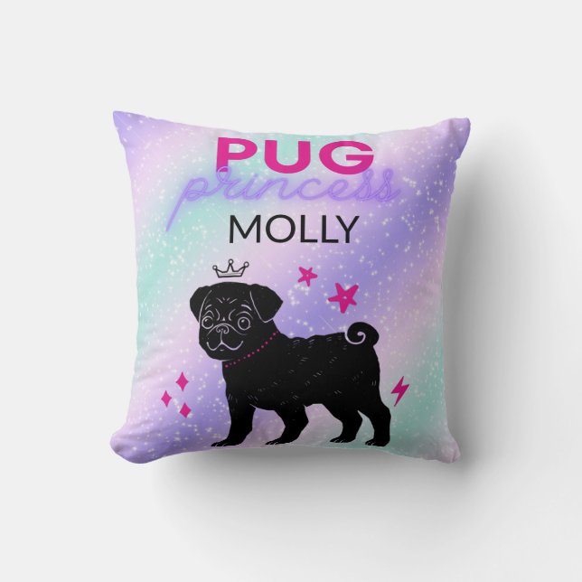 COJÍN DECORATIVO NEGRO "PUG PRINCESS" PERSONALIZAD (Anverso)