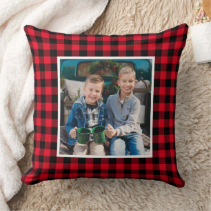 Cojín Decorativo Negro Rojo Audaz Plaid Foto Navidad