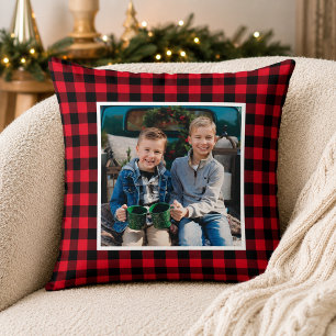 Cojín Decorativo Negro Rojo Audaz Plaid Foto Navidad